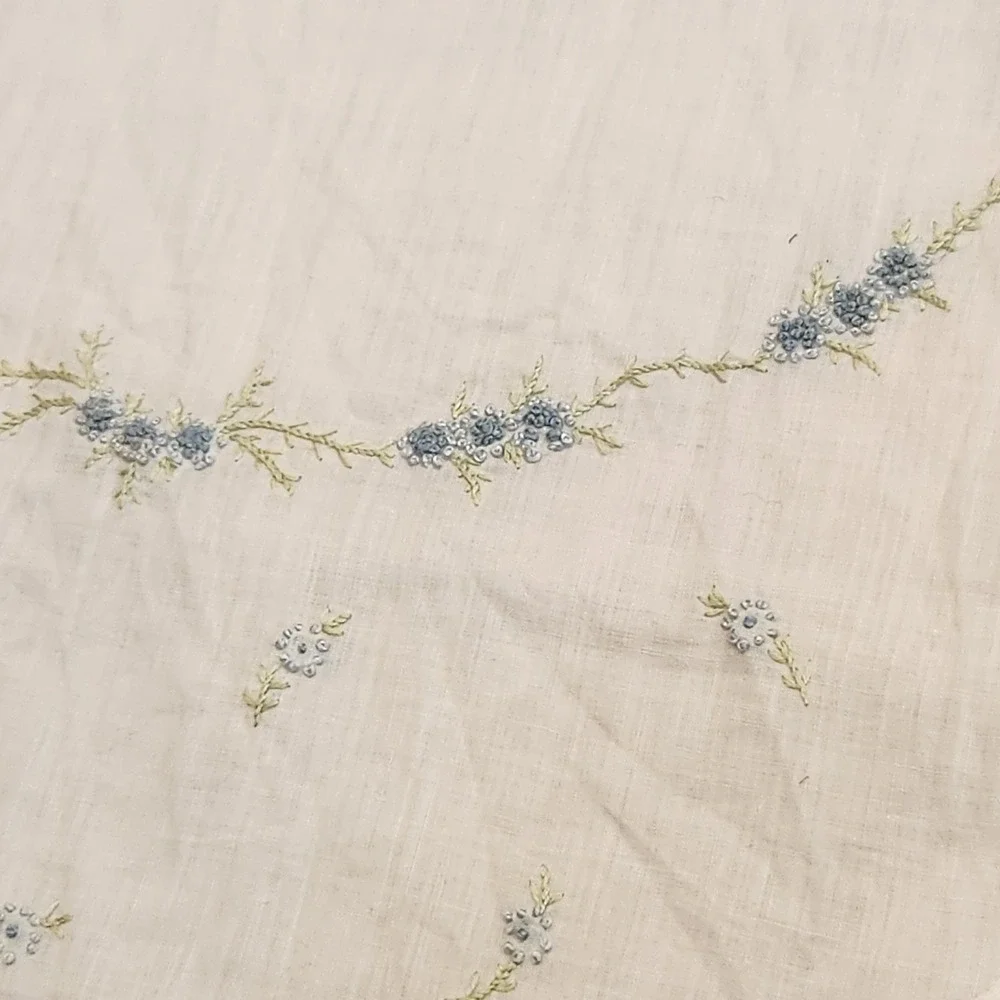 Vintage Half Apron White Cotton Blue Floral Embroidery Lace Trim Cottagecore